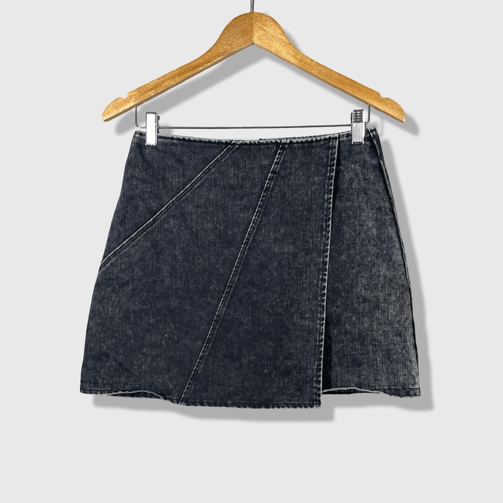 She + Sky Denim Mini Skirt Womens Size S Black Acid Wash Asymmetric Edgy Grunge